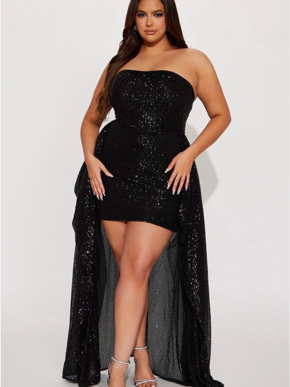 ✨ Fashion Nova 2X Black Sequin High-Low Gown – BRAND NEW – Showstopper! ✨